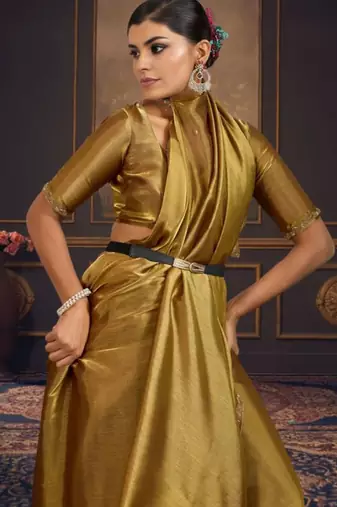 Gold pure chiffon zari saree with blouse