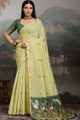 Lime ethnic motifs pure cotton designer muga saree