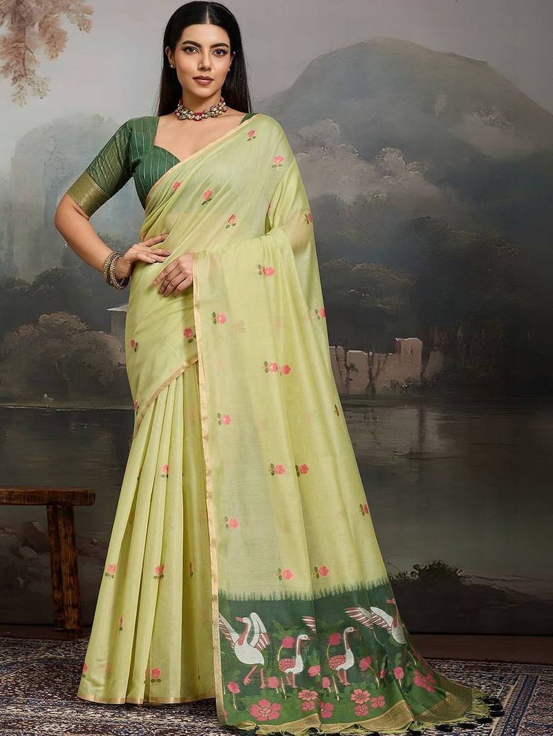 Lime ethnic motifs pure cotton designer muga saree