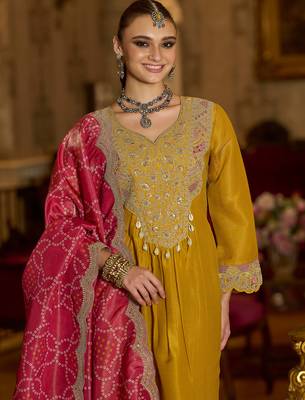 Yellow embroidered silk blend kurta trouser dupatta set 1