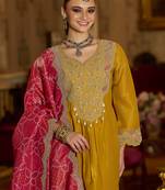 Yellow embroidered silk blend kurta trouser dupatta set