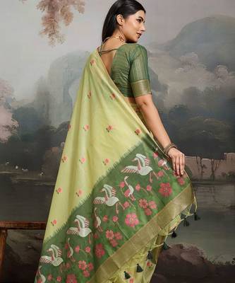 Lime ethnic motifs pure cotton designer muga saree 2