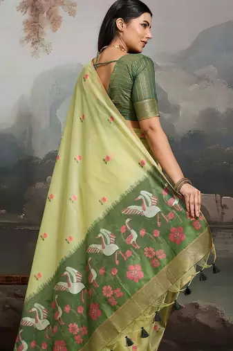 Lime ethnic motifs pure cotton designer muga saree