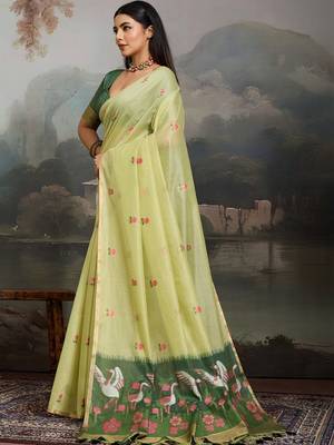Lime ethnic motifs pure cotton designer muga saree 3