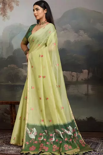 Lime ethnic motifs pure cotton designer muga saree