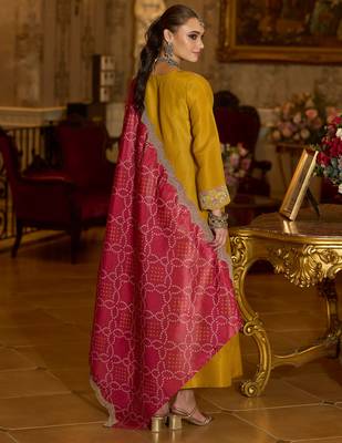Yellow embroidered silk blend kurta trouser dupatta set 2