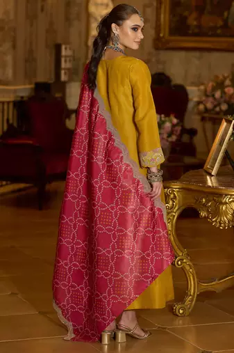 Yellow embroidered silk blend kurta trouser dupatta set