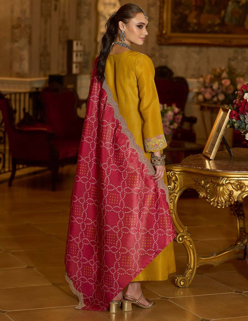 Yellow embroidered silk blend kurta trouser dupatta set