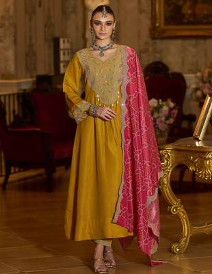 Yellow embroidered silk blend kurta trouser dupatta set 3