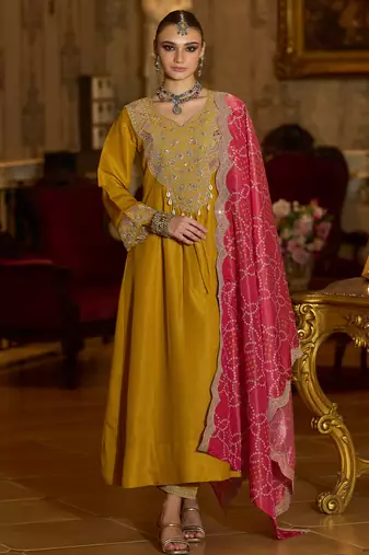Yellow embroidered silk blend kurta trouser dupatta set