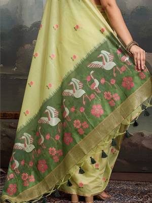 Lime ethnic motifs pure cotton designer muga saree 5