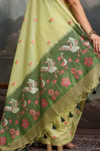 Lime ethnic motifs pure cotton designer muga saree