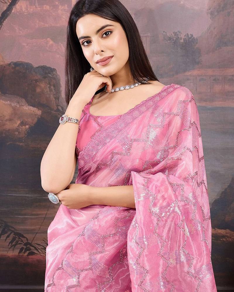 Mauve sequinned embellished saree with blouse piece