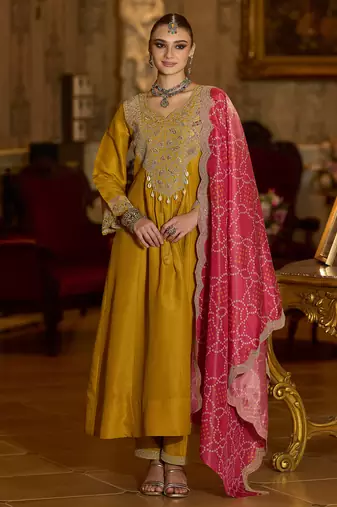Yellow embroidered silk blend kurta trouser dupatta set