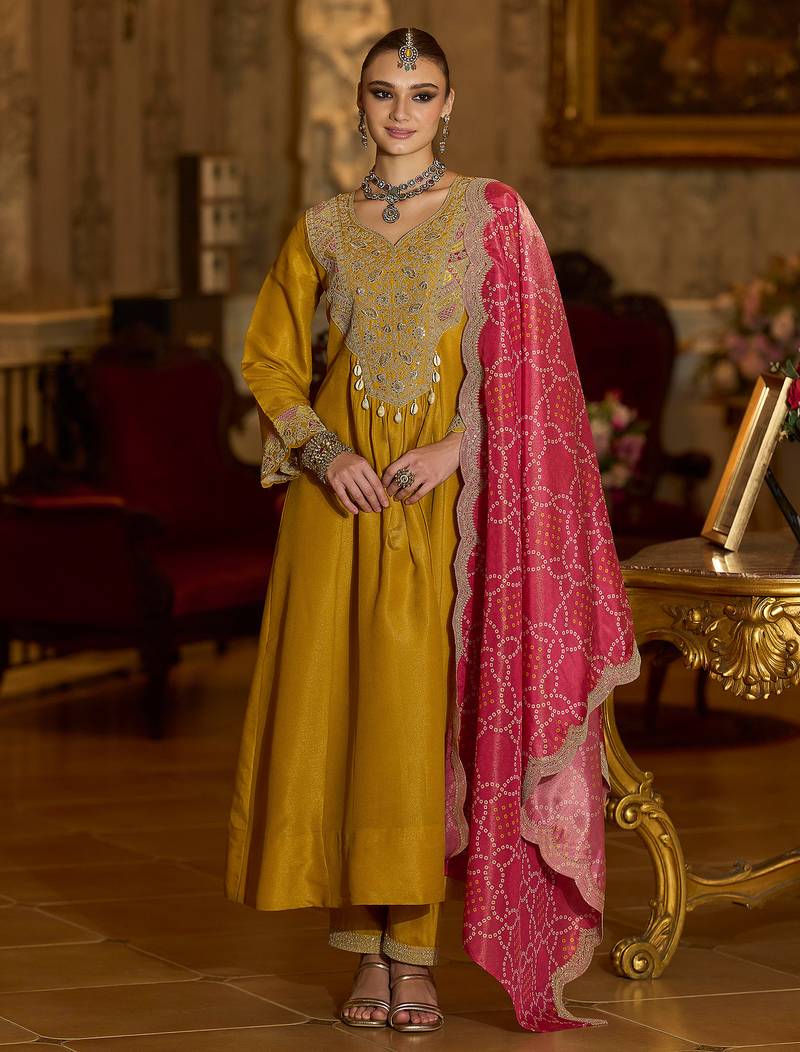 Yellow embroidered silk blend kurta trouser dupatta set