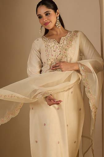 Off white embroidered liva kurta trouser dupatta set