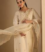 Off white embroidered liva kurta trouser dupatta set