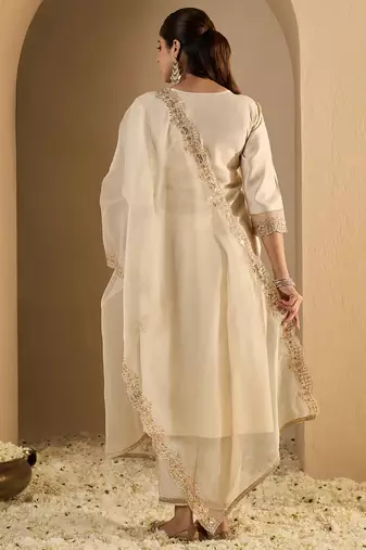 Off white embroidered liva kurta trouser dupatta set