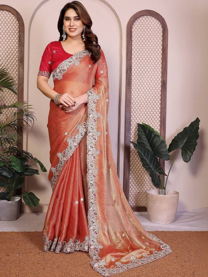 Copper copper frendy chiffon embroidery saree