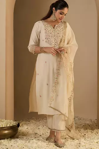 Off white embroidered liva kurta trouser dupatta set