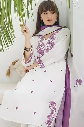 White embroidered viscose rayon kurta trouser dupatta set