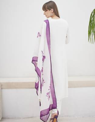 White embroidered viscose rayon kurta trouser dupatta set 2