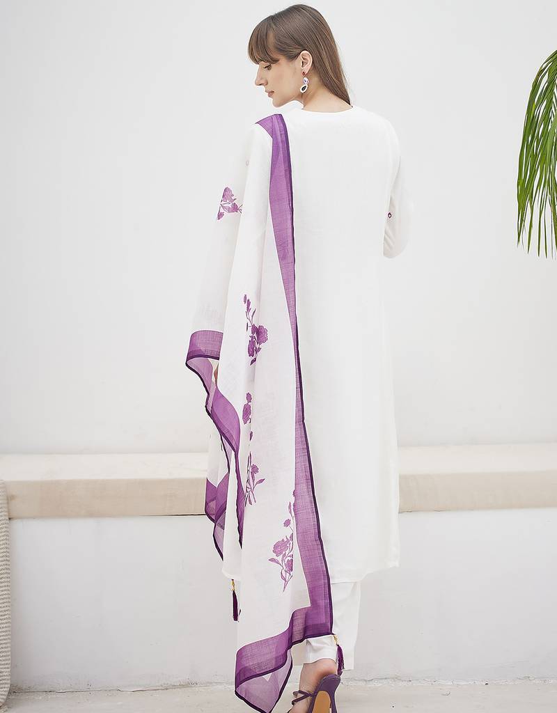 White embroidered viscose rayon kurta trouser dupatta set