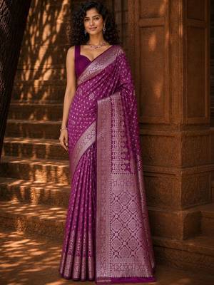 Purple ethnic motifs zari silk blend banarasi saree 1