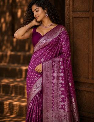 Purple ethnic motifs zari silk blend banarasi saree 2