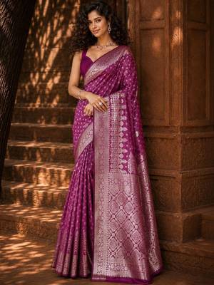 Purple ethnic motifs zari silk blend banarasi saree 3