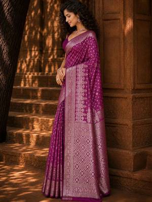 Purple ethnic motifs zari silk blend banarasi saree 4