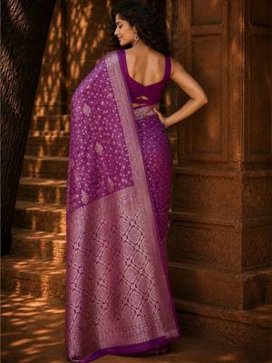 Purple ethnic motifs zari silk blend banarasi saree 5