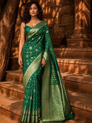 Green woven design zari silk blend banarasi saree 1