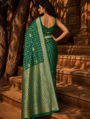 Green woven design zari silk blend banarasi saree 5
