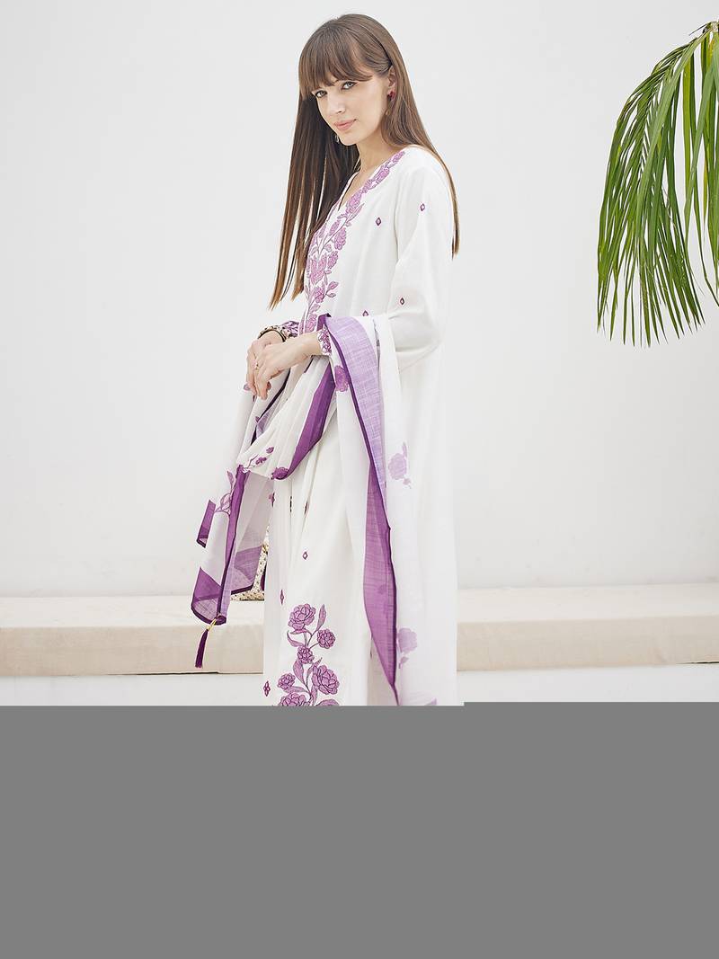 White embroidered viscose rayon kurta trouser dupatta set