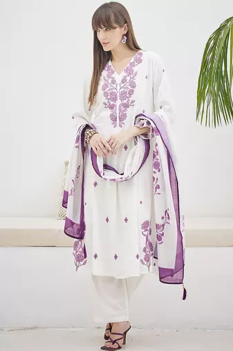 White embroidered viscose rayon kurta trouser dupatta set