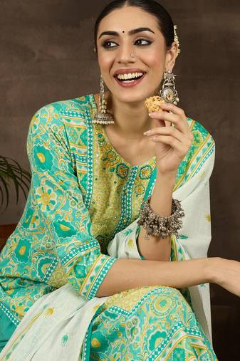Sea green embroidered pure cotton kurta trouser dupatta set