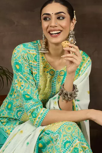 Sea green embroidered pure cotton kurta trouser dupatta set