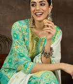 Sea green embroidered pure cotton kurta trouser dupatta set