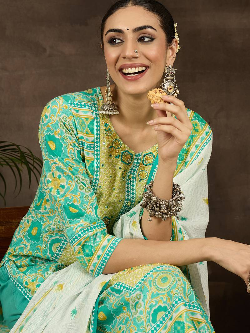 Sea green embroidered pure cotton kurta trouser dupatta set