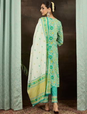 Sea green embroidered pure cotton kurta trouser dupatta set 2