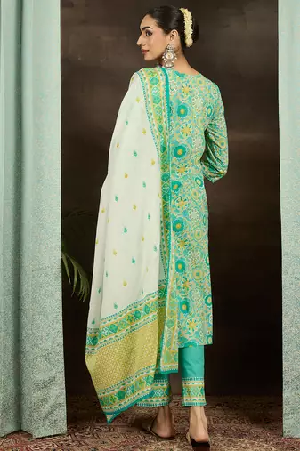 Sea green embroidered pure cotton kurta trouser dupatta set