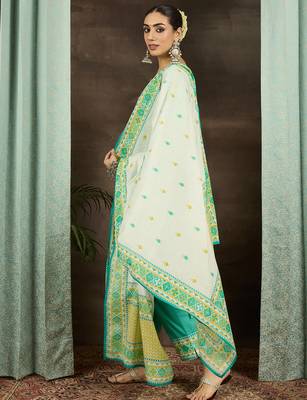 Sea green embroidered pure cotton kurta trouser dupatta set 3