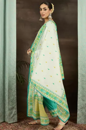 Sea green embroidered pure cotton kurta trouser dupatta set