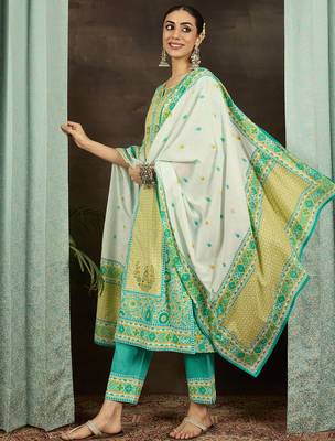 Sea green embroidered pure cotton kurta trouser dupatta set 4