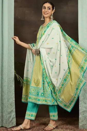 Sea green embroidered pure cotton kurta trouser dupatta set