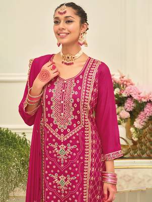 Pink embroidered silk blend kurta trouser dupatta set 1