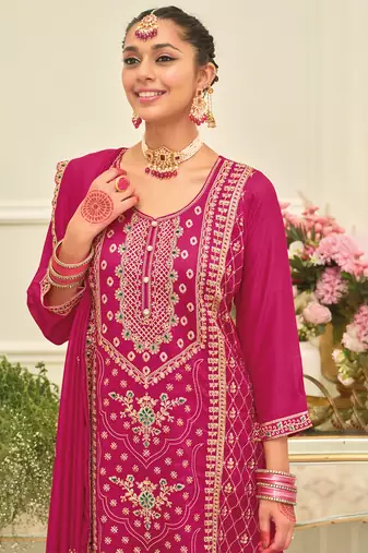Pink embroidered silk blend kurta trouser dupatta set