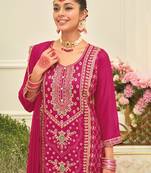 Pink embroidered silk blend kurta trouser dupatta set