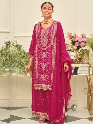 Pink embroidered silk blend kurta trouser dupatta set 2